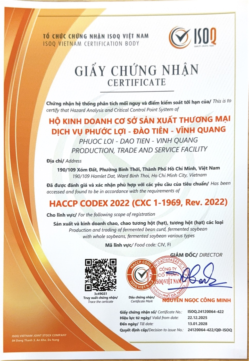 Giấy chứng nhận HACCP CODEX 2022 – ISOQ Việt Nam